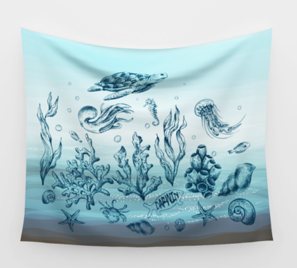 Vintage Marine Animals and Darwin Fish Tapestry