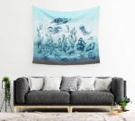 Vintage Marine Animals and Darwin Fish Tapestry over couch