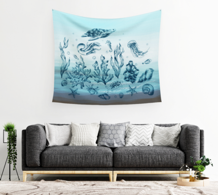 Vintage Marine Animals and Darwin Fish Tapestry over couch